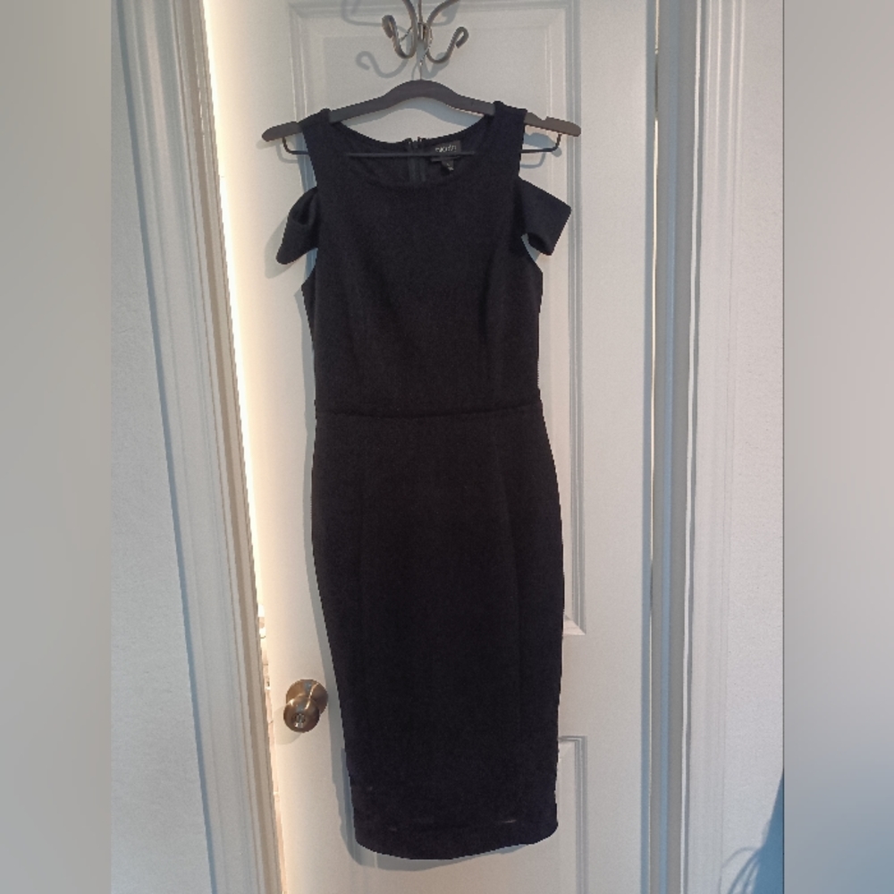 Nicole by Nicole Miller Dress in Black, shin length with horizontal sheer @ shin